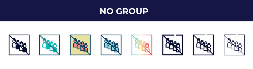 no group icon in 8 styles. line, filled, glyph, thin outline, colorful, stroke and gradient styles, no group vector sign. symbol, logo illustration. different style icons set.