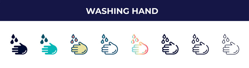 washing hand icon in 8 styles. line, filled, glyph, thin outline, colorful, stroke and gradient styles, washing hand vector sign. symbol, logo illustration. different style icons set.