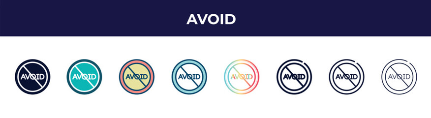 avoid icon in 8 styles. line, filled, glyph, thin outline, colorful, stroke and gradient styles, avoid vector sign. symbol, logo illustration. different style icons set.