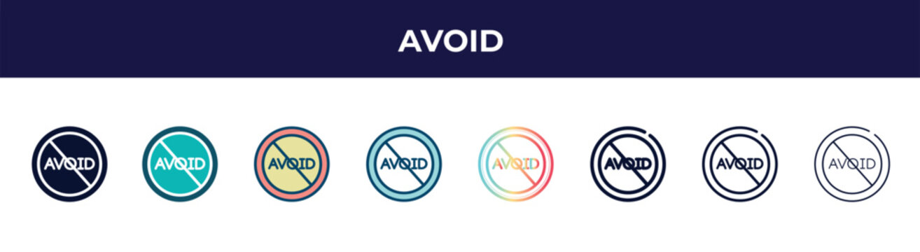 avoid icon in 8 styles. line, filled, glyph, thin outline, colorful, stroke and gradient styles, avoid vector sign. symbol, logo illustration. different style icons set.