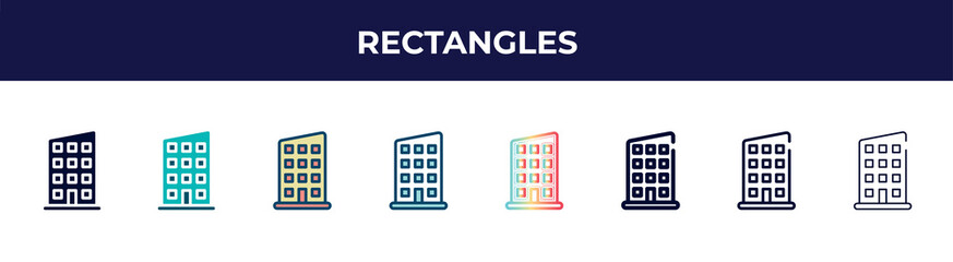 rectangles icon in 8 styles. line, filled, glyph, thin outline, colorful, stroke and gradient styles, rectangles vector sign. symbol, logo illustration. different style icons set.