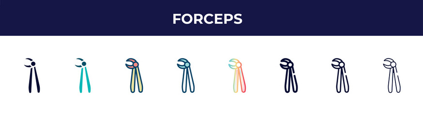 forceps icon in 8 styles. line, filled, glyph, thin outline, colorful, stroke and gradient styles, forceps vector sign. symbol, logo illustration. different style icons set.