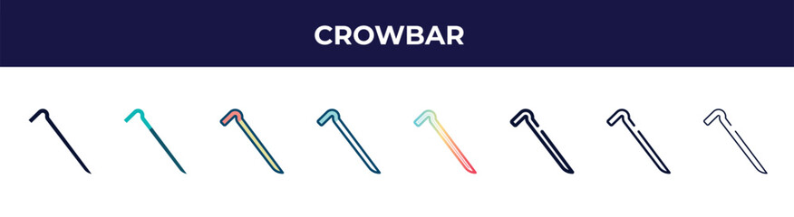 crowbar icon in 8 styles. line, filled, glyph, thin outline, colorful, stroke and gradient styles, crowbar vector sign. symbol, logo illustration. different style icons set.