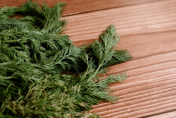 Bunch of fresh dills on a kitchen cloth on a wooden table.