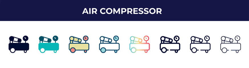 air compressor icon in 8 styles. line, filled, glyph, thin outline, colorful, stroke and gradient styles, air compressor vector sign. symbol, logo illustration. different style icons set.