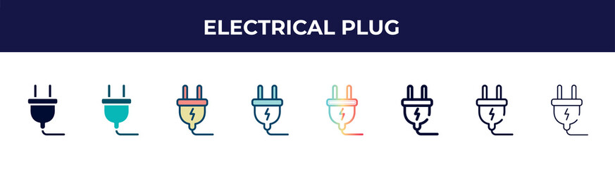 electrical plug icon in 8 styles. line, filled, glyph, thin outline, colorful, stroke and gradient styles, electrical plug vector sign. symbol, logo illustration. different style icons set.