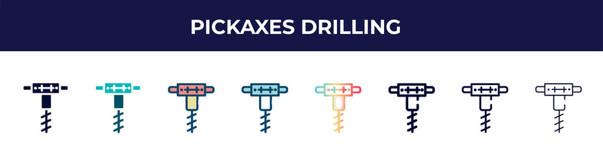 pickaxes drilling icon in 8 styles. line, filled, glyph, thin outline, colorful, stroke and gradient styles, pickaxes drilling vector sign. symbol, logo illustration. different style icons set.