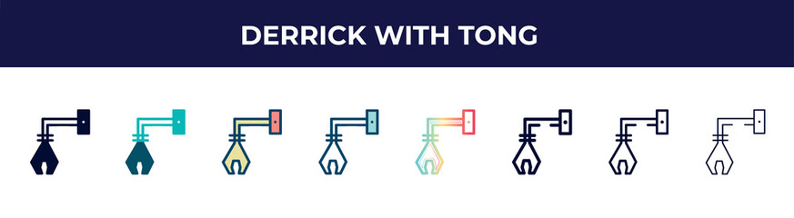 derrick with tong icon in 8 styles. line, filled, glyph, thin outline, colorful, stroke and gradient styles, derrick with tong vector sign. symbol, logo illustration. different style icons set.