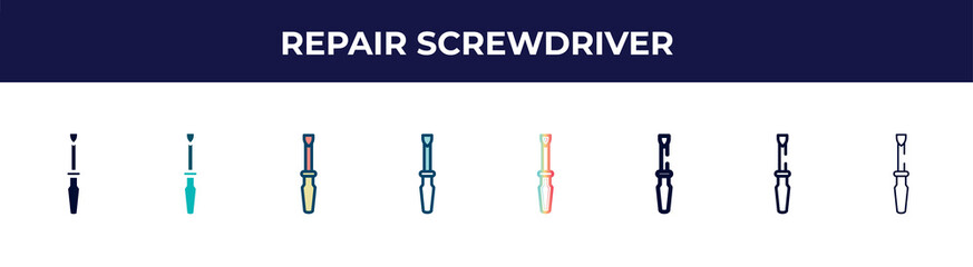 repair screwdriver icon in 8 styles. line, filled, glyph, thin outline, colorful, stroke and gradient styles, repair screwdriver vector sign. symbol, logo illustration. different style icons set.