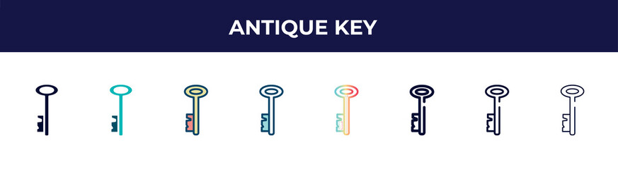 antique key icon in 8 styles. line, filled, glyph, thin outline, colorful, stroke and gradient styles, antique key vector sign. symbol, logo illustration. different style icons set.