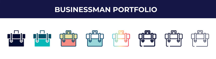 businessman portfolio icon in 8 styles. line, filled, glyph, thin outline, colorful, stroke and gradient styles, businessman portfolio vector sign. symbol, logo illustration. different style icons