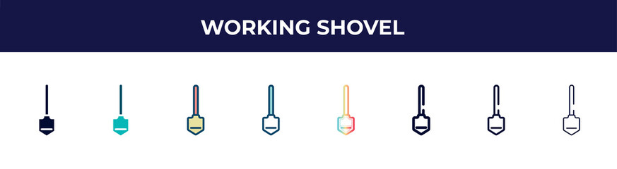 working shovel icon in 8 styles. line, filled, glyph, thin outline, colorful, stroke and gradient styles, working shovel vector sign. symbol, logo illustration. different style icons set.