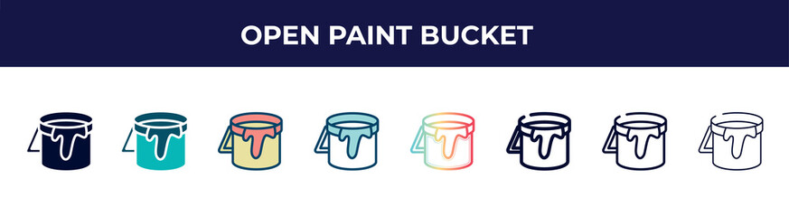 open paint bucket icon in 8 styles. line, filled, glyph, thin outline, colorful, stroke and gradient styles, open paint bucket vector sign. symbol, logo illustration. different style icons set.