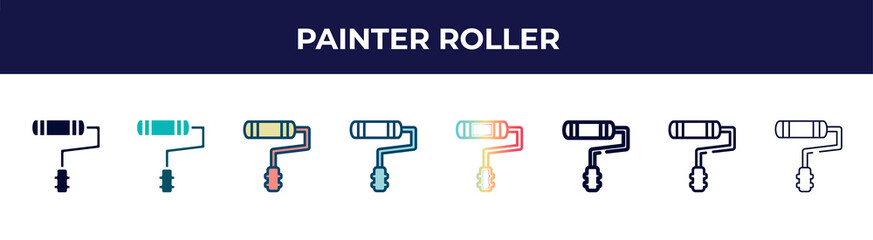 painter roller icon in 8 styles. line, filled, glyph, thin outline, colorful, stroke and gradient styles, painter roller vector sign. symbol, logo illustration. different style icons set.