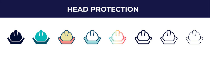 head protection icon in 8 styles. line, filled, glyph, thin outline, colorful, stroke and gradient styles, head protection vector sign. symbol, logo illustration. different style icons set.