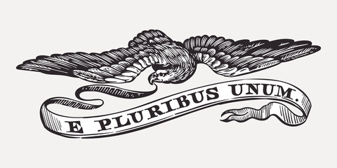 Vector eagle emblem with ribbon in the beak. Illustration of US history and 4th of July celebration in engraving style.