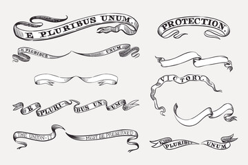 Vector clipart of ribbons and authentic lettering. Illustration of US history and 4th of July celebration in engraving style.