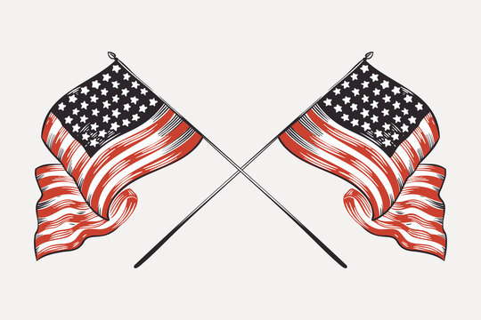 Vector clipart with crossed American flags. Illustration of US history and 4th of July celebration in engraving style.