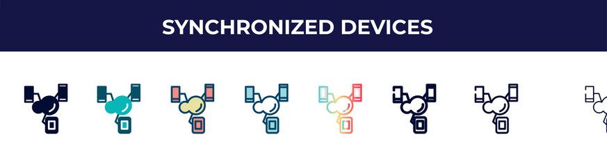 synchronized devices icon in 8 styles. line, filled, glyph, thin outline, colorful, stroke and gradient styles, synchronized devices vector sign. symbol, logo illustration. different style icons