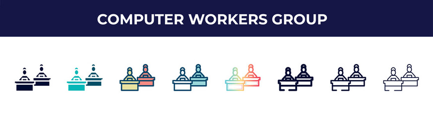 computer workers group icon in 8 styles. line, filled, glyph, thin outline, colorful, stroke and gradient styles, computer workers group vector sign. symbol, logo illustration. different style icons