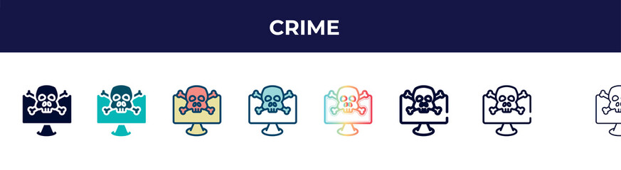 crime icon in 8 styles. line, filled, glyph, thin outline, colorful, stroke and gradient styles, crime vector sign. symbol, logo illustration. different style icons set.