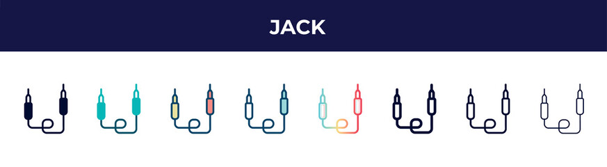 jack icon in 8 styles. line, filled, glyph, thin outline, colorful, stroke and gradient styles, jack vector sign. symbol, logo illustration. different style icons set.