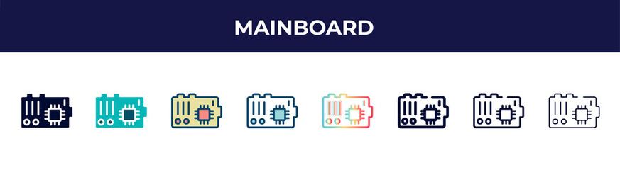 mainboard icon in 8 styles. line, filled, glyph, thin outline, colorful, stroke and gradient styles, mainboard vector sign. symbol, logo illustration. different style icons set.