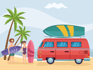 surfers couple with van