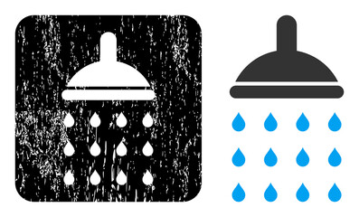 Vector shower carved icon. Grunge shower seal, done with icon and rounded square. Rounded square stamp seal have shower carving inside. Vector shower grunge images.