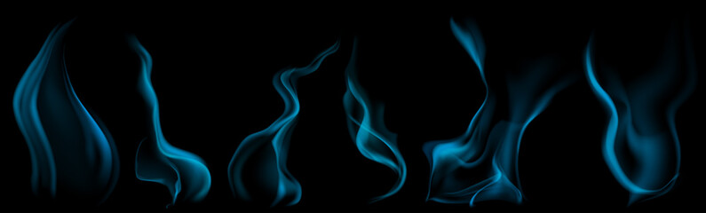 Set of several realistic transparent light blue smokes or steam, for use on dark background. Transparency only in vector format