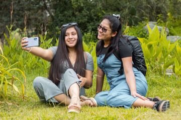 Naklejka na ściany i meble Retrato de dos hermosas chicas tomándose fotos en un parque, Amigas felices revisando teléfono inteligente en aire libre,