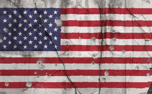 Full frame photo of a weathered flag of United States (USA, US, America) painted on a cracked wall with bullet holes. Shootings, crime and violence concept.