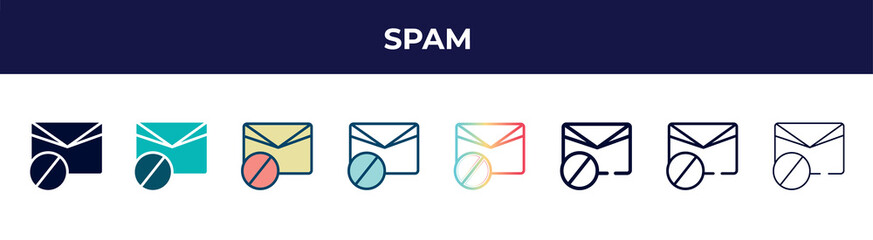 spam icon in 8 styles. line, filled, glyph, thin outline, colorful, stroke and gradient styles, spam vector sign. symbol, logo illustration. different style icons set.