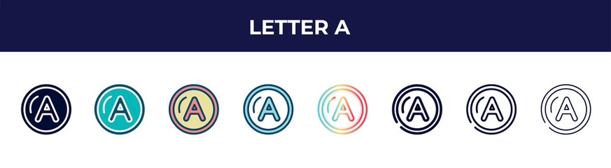 letter a icon in 8 styles. line, filled, glyph, thin outline, colorful, stroke and gradient styles, letter a vector sign. symbol, logo illustration. different style icons set.