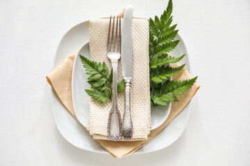 Stylish simple table setting on light background