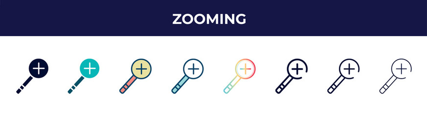 zooming icon in 8 styles. line, filled, glyph, thin outline, colorful, stroke and gradient styles, zooming vector sign. symbol, logo illustration. different style icons set.