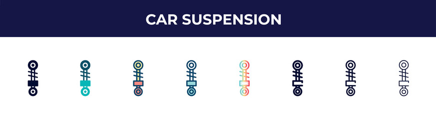 car suspension icon in 8 styles. line, filled, glyph, thin outline, colorful, stroke and gradient styles, car suspension vector sign. symbol, logo illustration. different style icons set.