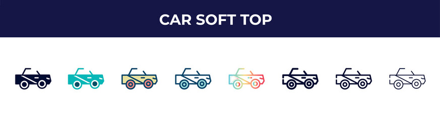 car soft top icon in 8 styles. line, filled, glyph, thin outline, colorful, stroke and gradient styles, car soft top vector sign. symbol, logo illustration. different style icons set.