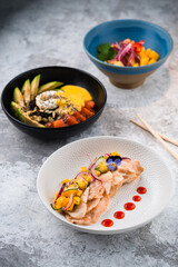 ceviche with cod is a traditional dish in Peru, Tasty cod ceviche with diced mango salad