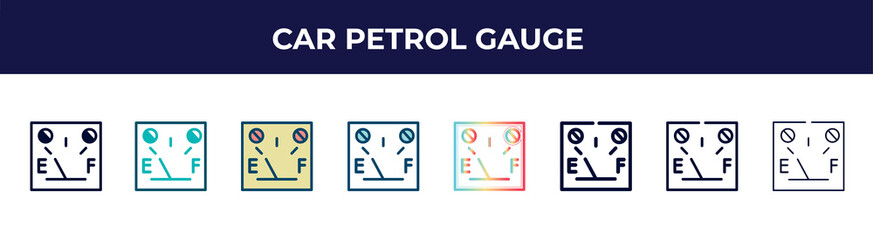 car petrol gauge icon in 8 styles. line, filled, glyph, thin outline, colorful, stroke and gradient styles, car petrol gauge vector sign. symbol, logo illustration. different style icons set.