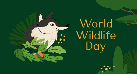 World Wildlife Day with wolf head and forest leaf. Flat style vector illustration. Template for background, social media, card, poster with text inscription