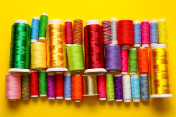 Thread spools on yellow background