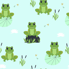 Cute frog seamless pattern. Cartoon frog on a rock. Children funny print with animals. Vector illustration of a swamp. Hand drawn frog, reed, lotus, water lily and dragonflies.