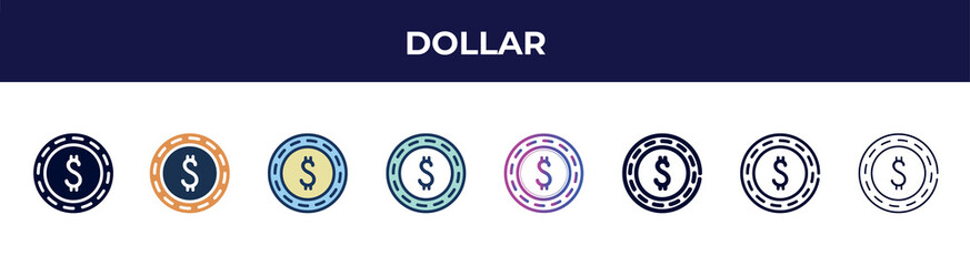 dollar icon in 8 styles. line, filled, glyph, thin outline, colorful, stroke and gradient styles, dollar vector sign. symbol, logo illustration. different style icons set.