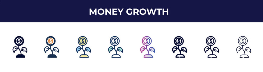 money growth icon in 8 styles. line, filled, glyph, thin outline, colorful, stroke and gradient styles, money growth vector sign. symbol, logo illustration. different style icons set.