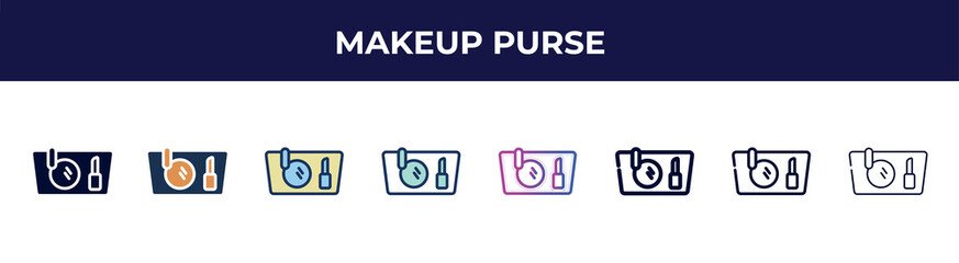 makeup purse icon in 8 styles. line, filled, glyph, thin outline, colorful, stroke and gradient styles, makeup purse vector sign. symbol, logo illustration. different style icons set.