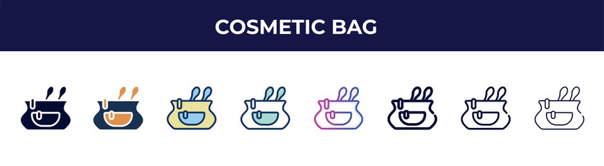 cosmetic bag icon in 8 styles. line, filled, glyph, thin outline, colorful, stroke and gradient styles, cosmetic bag vector sign. symbol, logo illustration. different style icons set.
