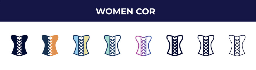 women cor icon in 8 styles. line, filled, glyph, thin outline, colorful, stroke and gradient styles, women cor vector sign. symbol, logo illustration. different style icons set.