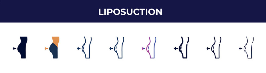 liposuction icon in 8 styles. line, filled, glyph, thin outline, colorful, stroke and gradient styles, liposuction vector sign. symbol, logo illustration. different style icons set.