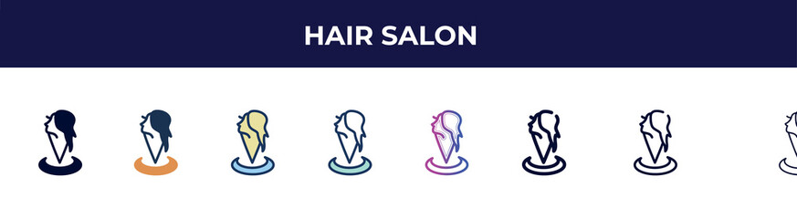 hair salon icon in 8 styles. line, filled, glyph, thin outline, colorful, stroke and gradient styles, hair salon vector sign. symbol, logo illustration. different style icons set.